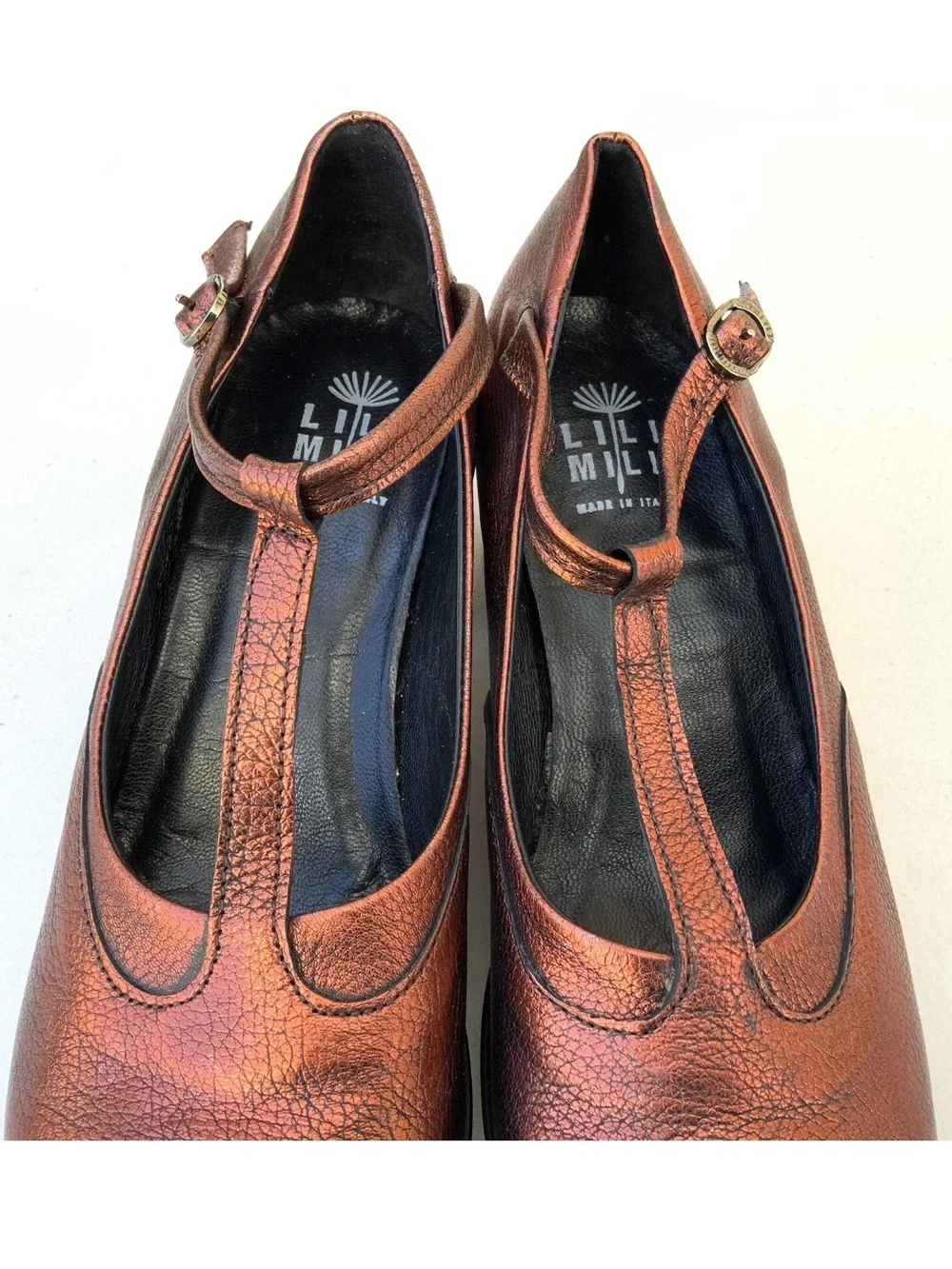 Lili Mill Women’s Bronze Metallic Leather T-Strap Mary Jane Heels EU 41 Italy
